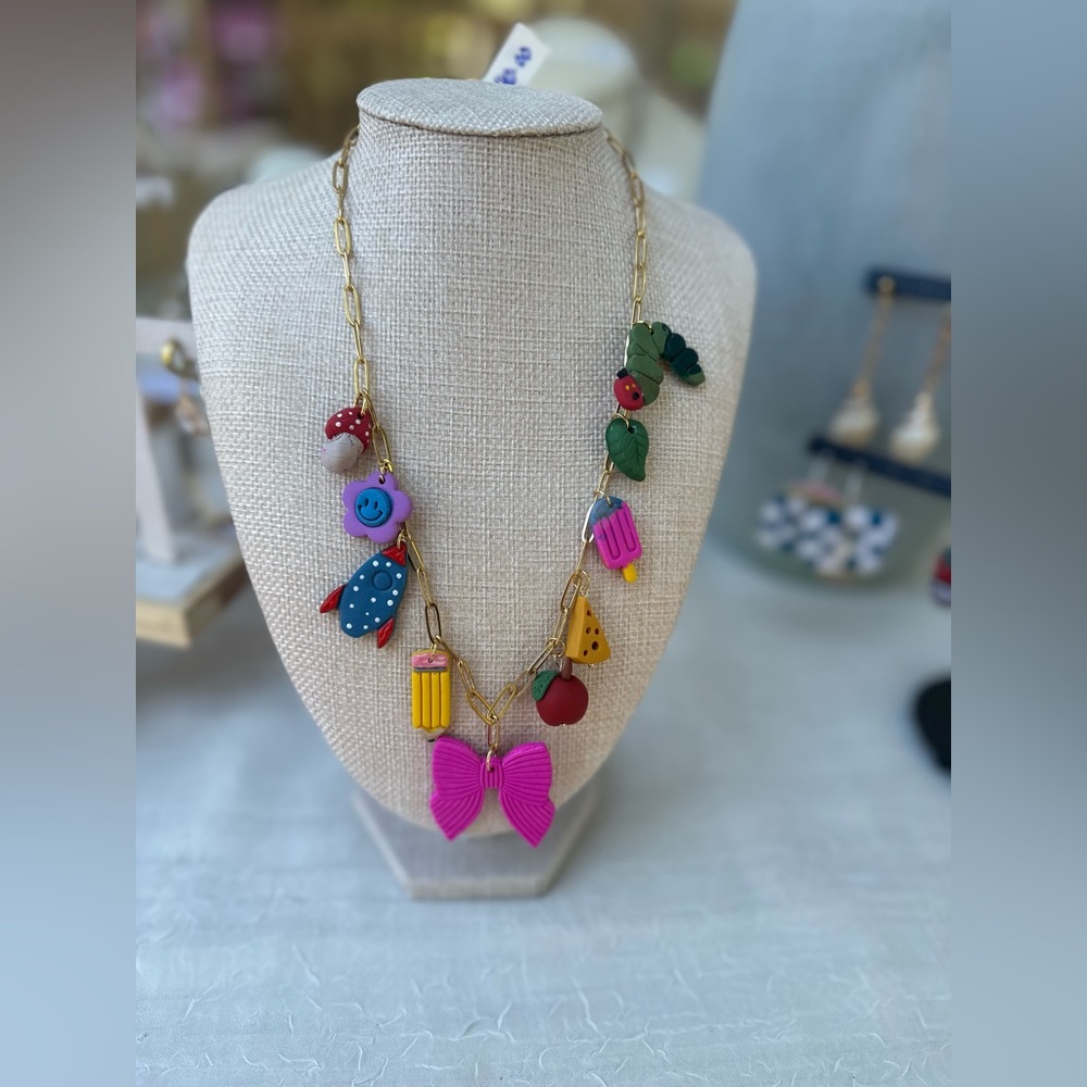 VERY HUNGRY CATERPILLAR POLYMER CLAY CHARM NECKLACE 18K GOLD PLATED 18”